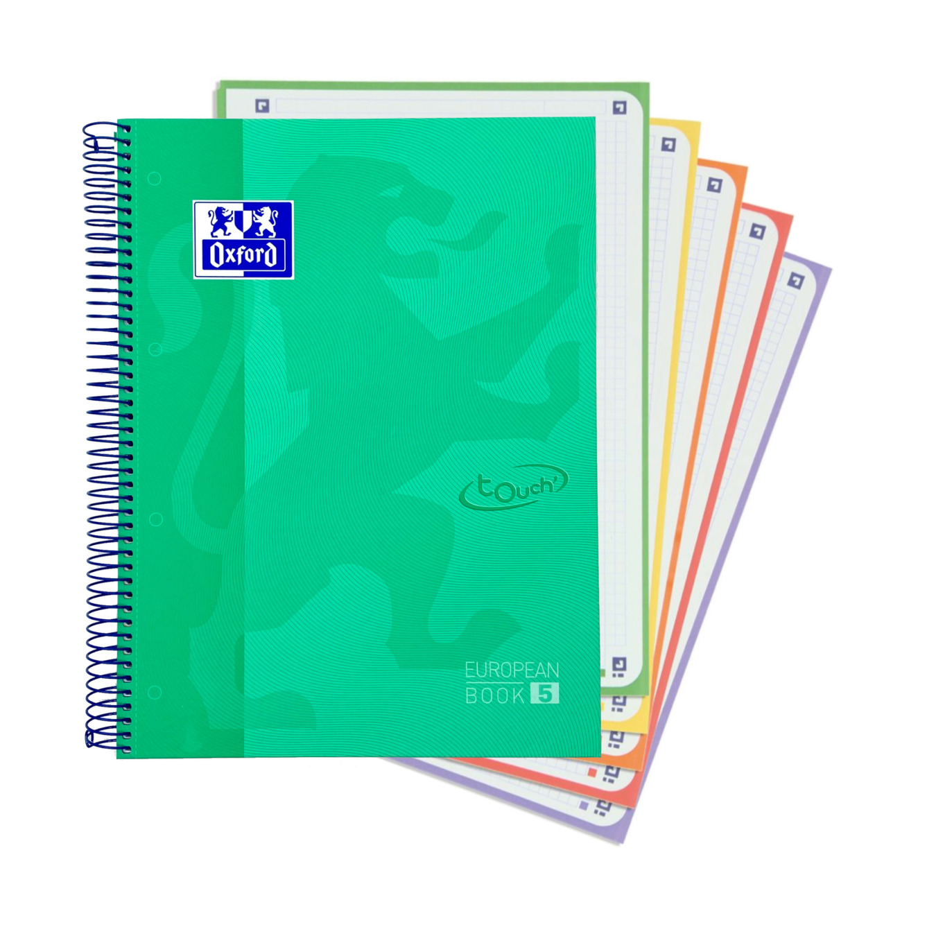 Lot De 3 Cahiers A5+ Oxford Europeanbook - Quadrillé 5x5, Couverture Rigide, Spirale, 120 Pages - 4 Bandes De Couleur